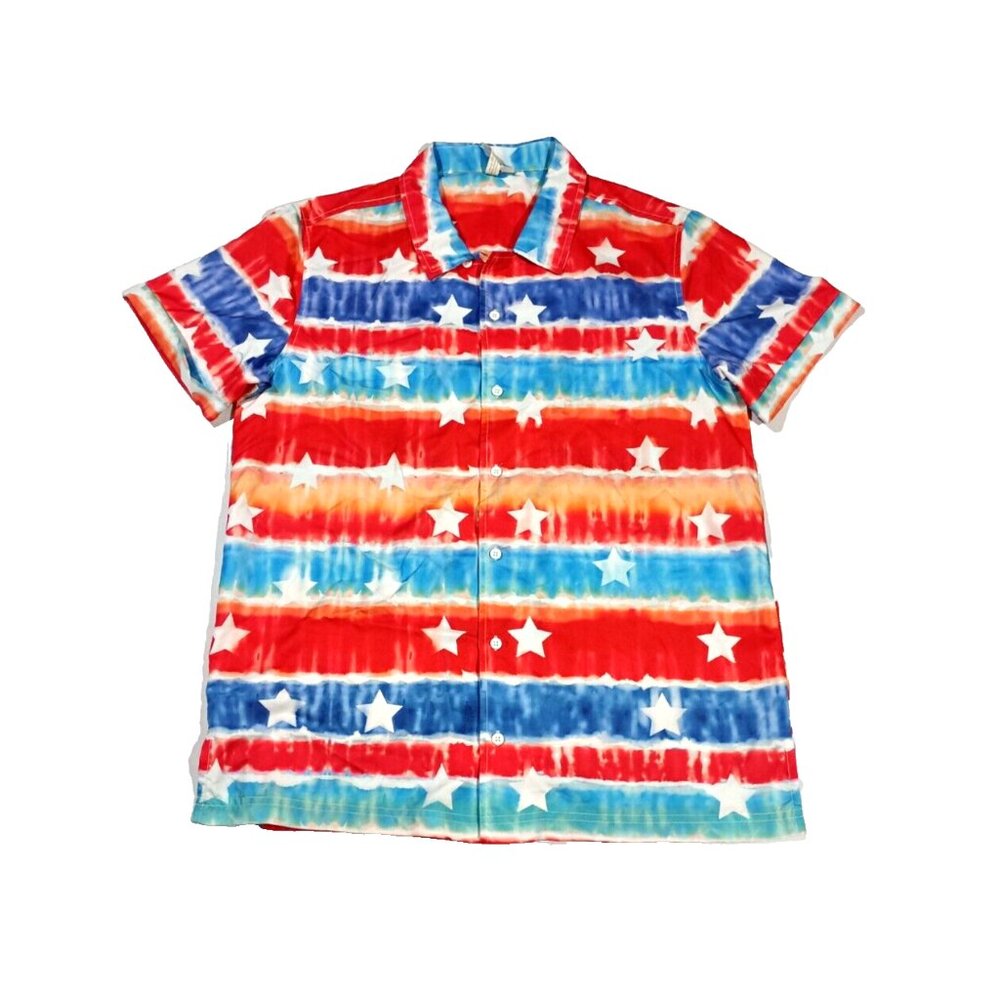 Tie Dye Stars Shirt S/M Button Up Short Sleeve Patriotic 4th Of July